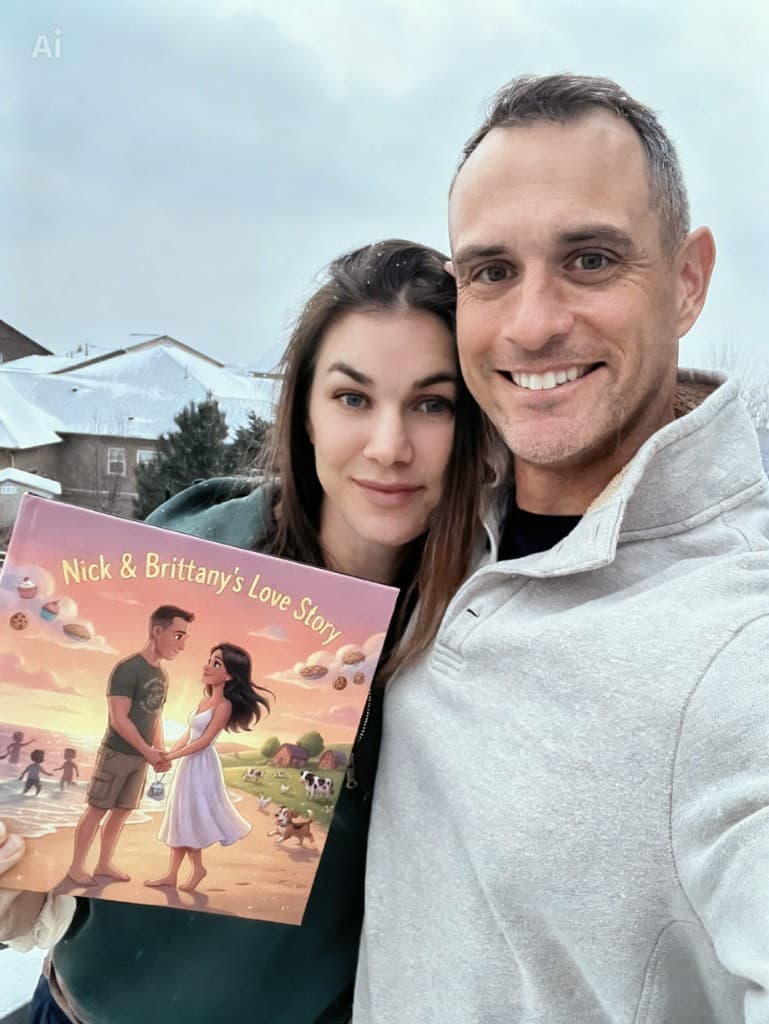 Un couple tenant leur livre de mariage personnalisé Our Love Story